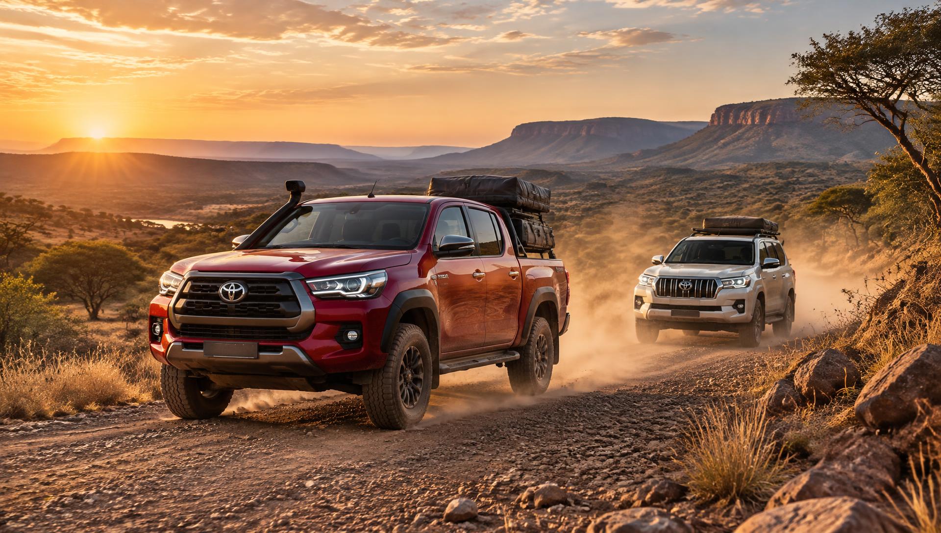 Toyota Hilux and Prado crossing the South African bushveld at sunrise